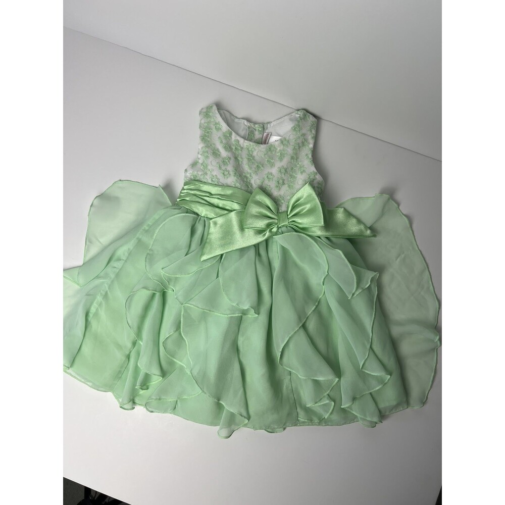 Youngland Girls 4 Green Floral Lace Ruffle Satin Bow Party Pageant Dress